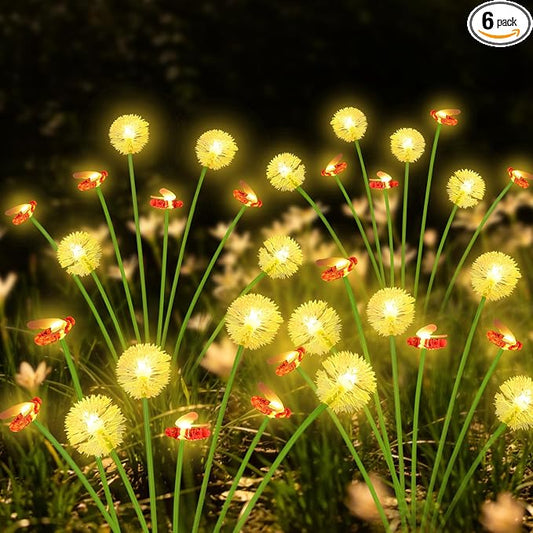Solar Garden Lights Outdoor, 6 Pack 48 LED, Solar Swaying Dandelion Bee Lights Waterproof, Swaying Firefly Lights for Yard Pathway Lawn Patio Decorations, 2 modes (Steady on, Slow Twinkle), Warm White