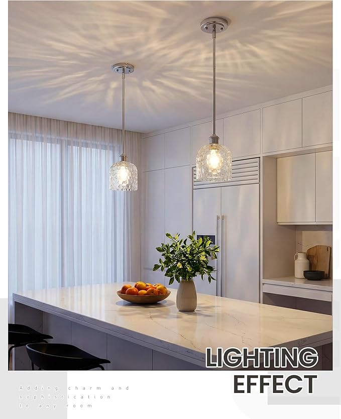 zeyu Adjustable Hanging Lights for Kitchen, Large Pendant Lights Kitchen Island, Modern Hanging Pendant Lights 2 Pack with Clear Hammered Glass, Brushed Nickel Finish, ZJF63MIL-L-2PK BN