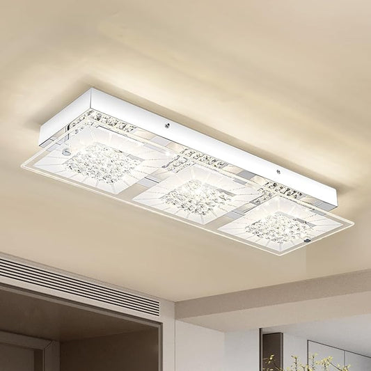 Crystal Ceiling Light Flush Mount Rectangle Ceiling Light Fxiture Modern Hallway Light LED Dimmable 4000K for Kitchen, Bathroom, Bedroom, 18W