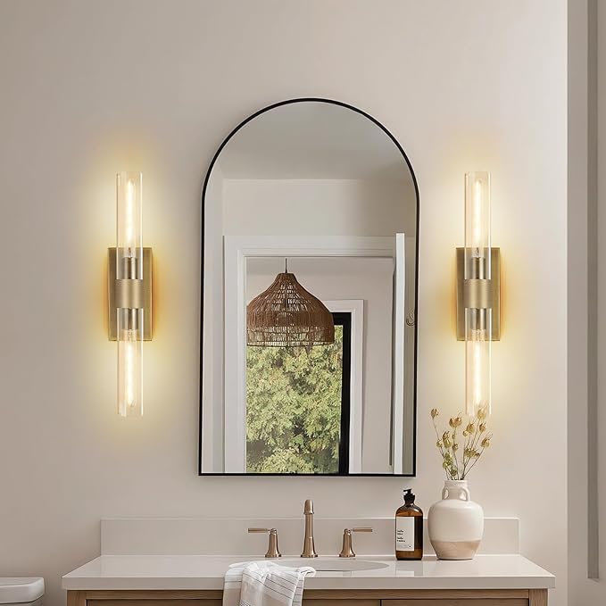 Wall Sconces Set of Two, Gold Bathroom Sconces Wall Lighting with Clear Glass, Modern Sconces Wall Decor Light Fixtures for Bathroom Mirror Living Room Hallway Bedroom