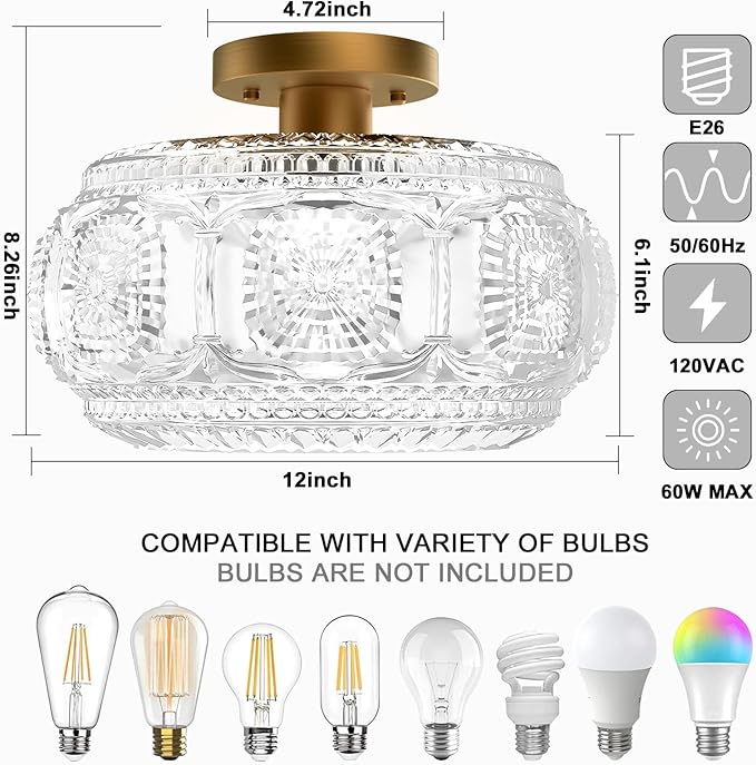 Semi Flush Mount Ceiling Light, Upgraded 12 inch Larger Gold Glass Ceiling Light Fixture, Vintage Lighting for Hallway Kitchen Bedroom Dining Room, Bulb Not Included