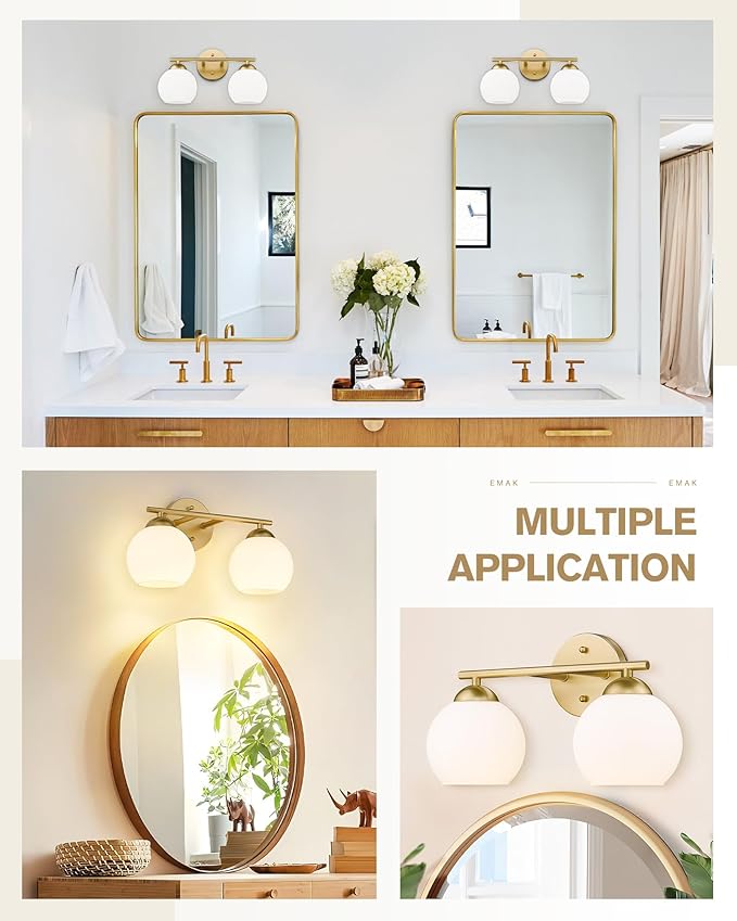Emak 2-Light Gold Bathroom Light Fixtures, Modern Globe Vanity Lights with Milk Glass Shade for Bathroom, VL114-GD-ML-2