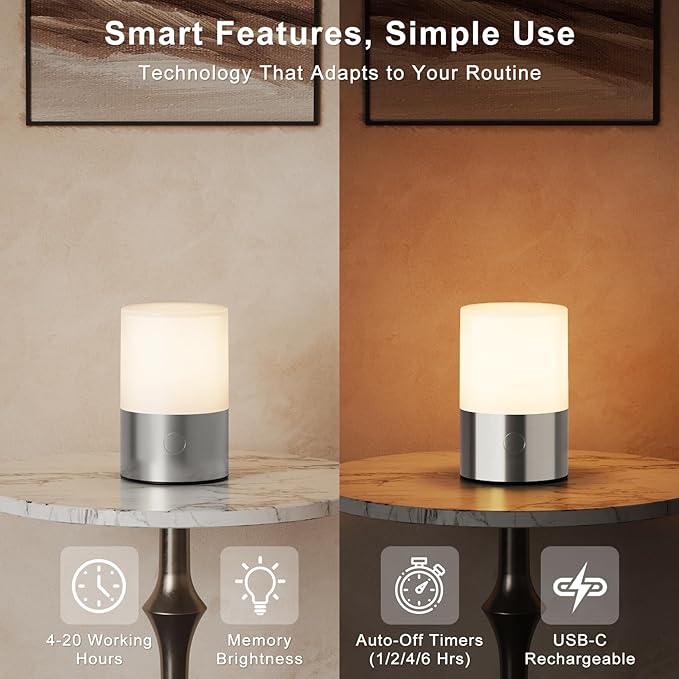 Small Table Lamp - Rechargeable, Portable, Up to 20-Hour Battery Life, 10 Brightness Levels, Auto-Off Timer, Waterproof, Warm Light for Bedside, Travel, Camping & Décor-Nickel Finish