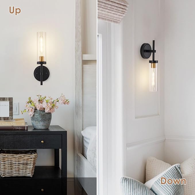 Hardwired Wall Sconces Set of Two, Black and Gold Bathroom Vanity Sconces Wall Lighting with Clear Glass Shade, Modern Farmhouse Wall Mount Lights for Mirror Bedroom Living Room Hallway Kitchen