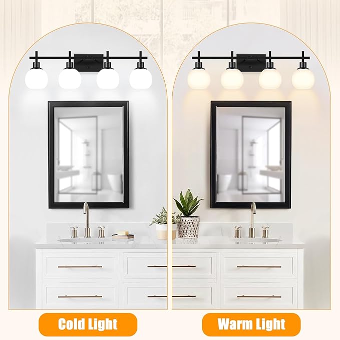 Dpyrrhic 4-Light Modern Vanity Lighting Fixtures, Bathroom Wall Mounted Vanity Light,Black Bathroom Lighting Fixtures Over Mirror with Milky White Glass Lampshade for Bedroom, Living Room
