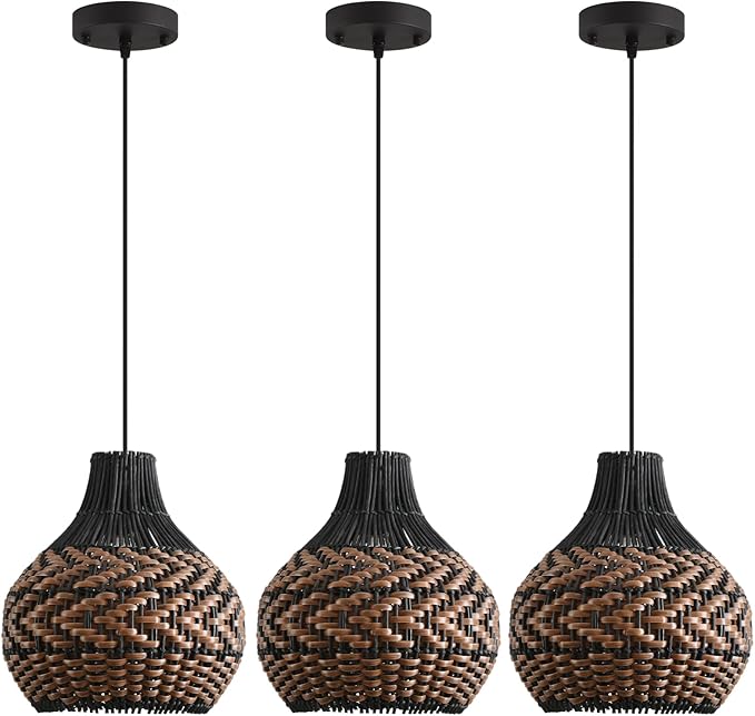 3-Pack Rattan Pendant Light,11" Hand-Woven Black Brown Faux Rattan Hanging Light Boho Wicker Basket Chandelier,for Living Room Bedroom Kitchen Dining Farmhouse