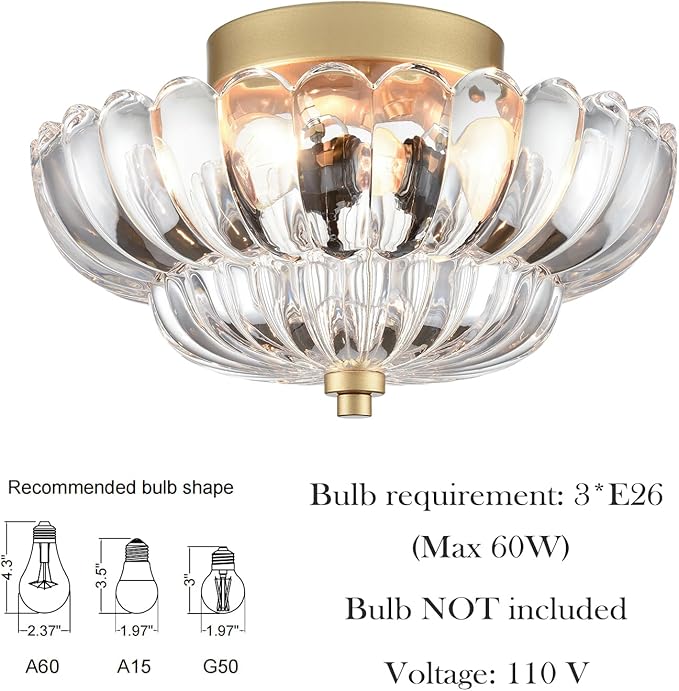 HYDELITE Gold Ceiling Light Fixture Bedroom Semi Flush Mount Ceiling Light Fixtures for Entryway Bathroom Living Room Proch with Scalloped Clear Glass