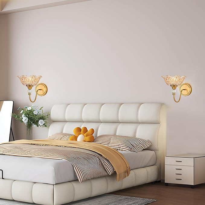 1 Piece Vintage Wall Sconce with Floral Amber Glass Shade, Matte Brass Finish Wall Sconce for Bathroom,Vintage Bathroom Vanity Light Fixture
