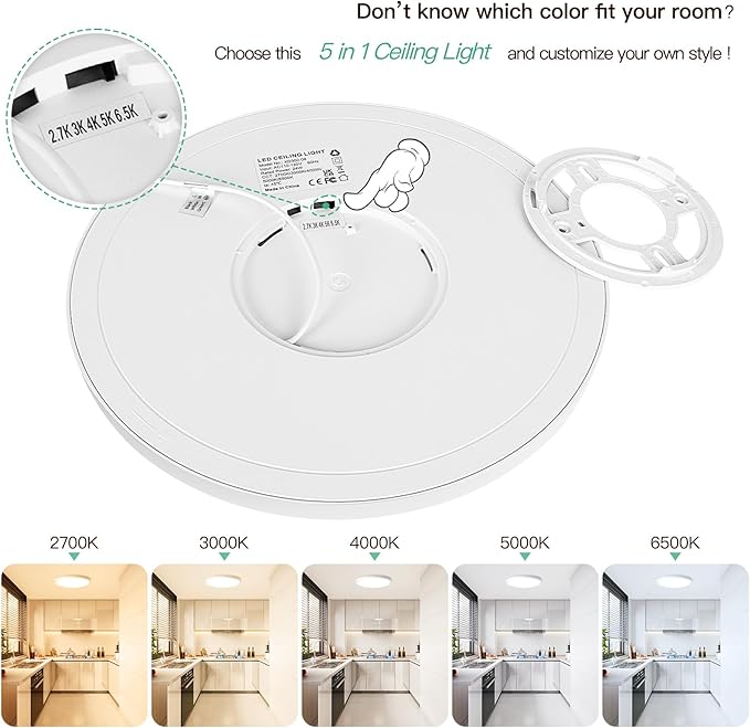 Brightever 12 Inch LED Flush Mount Ceiling Light, 24W 3200LM 5CCT Dimmable LED Ceiling Light Fixture, 2700K/3000K/4000K/5000K/6500K, Ultra Thin Ceiling Lamp for Bedroom, Dining Room, White, 2-Pack