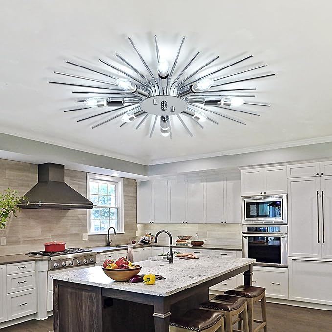 ZGLAOJT Semi Flush Mount 8 Light Ceiling Light Modern Metal Ceiling Lighting Chrome Light Fixture Chandelier for Farmhouse Kitchen Dining Room Bedroom Hallway Living Room