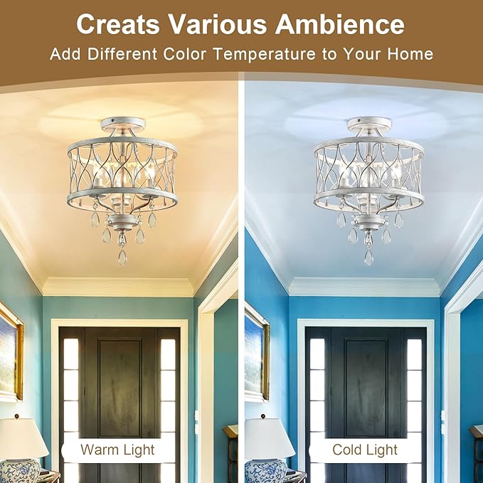 Farmhouse Crystal Ceiling Light Fixture, 3-Light Semi Flush Mount Crystal Chandelier Light Fixture Rustic Vintage White Pendant Ceiling Lamp for Hallway Corridor Kitchen Entryway Bedroom Living Room