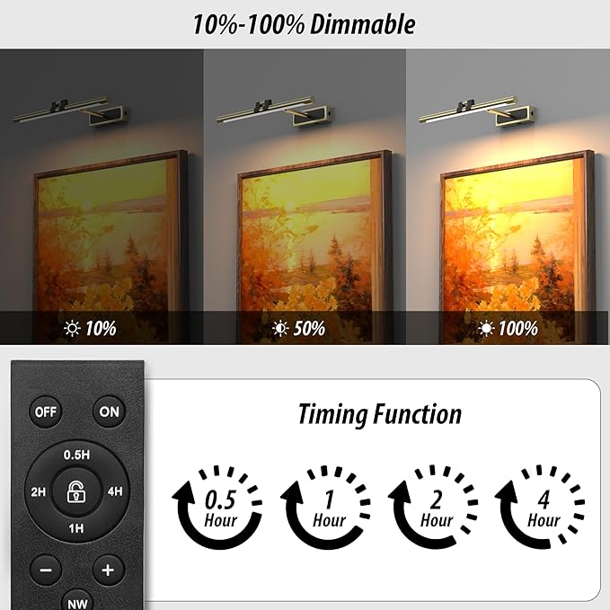 Brass Picture Light for Wall - 16inch Dimmable & Rechargeable Art Light with Extendable Arm, 25H Light Time, Angle Adjustable, 3 Color Temperatures Timer - Perfect for Paintings and Home Decor