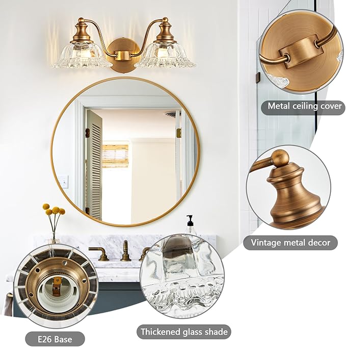 XIEDUN Bathroom Vanity Lights Over Mirror Vintage Bathroom Light Fixtures 2 Light Brass Vanity Lights for Vanity Lighting Fixtures