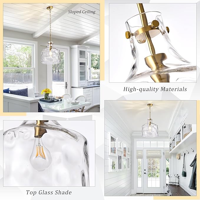 CATINER 16" Extra Large Farmhouse Pendant Light – Hand-Blown Hammered Glass Shade, Gold Finish, Adjustable Chain Ceiling Light for Kitchen Island, Dining Room, Hallway