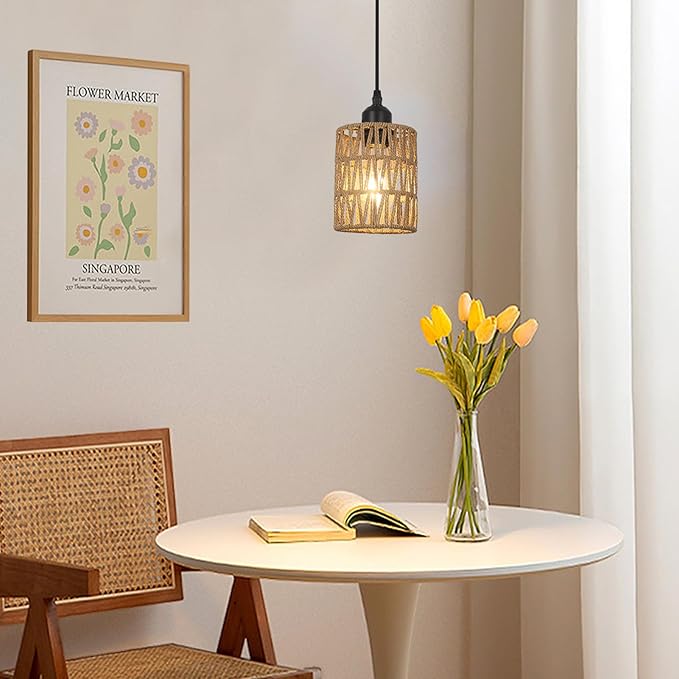 LAMSU 1-Light Rattan Pendant Lights, Boho Farmhouse Pendant Lighting with 4.7×5.9in Hand Woven Shade, Small Wicker Light Fixture Ceiling Hanging for Dining Room Kitchen, Height Adjustable up to 61in