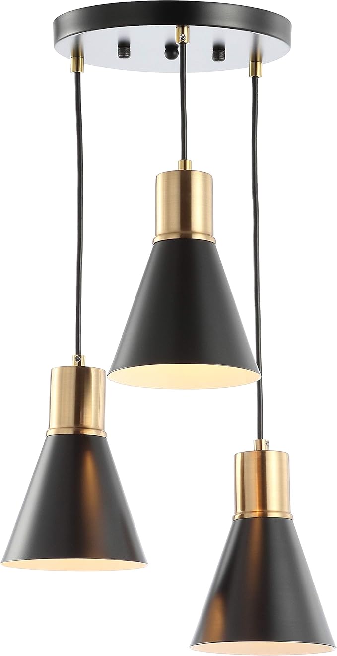 JONATHAN Y 15" Black/Brass Gold Apollo Mid-Century Modern Iron LED Pendant, Black Metal Shade, Adjustable Hanging Ceiling Light for Kitchen Island, Hallway, LED Bulb Included (JYL6133A)