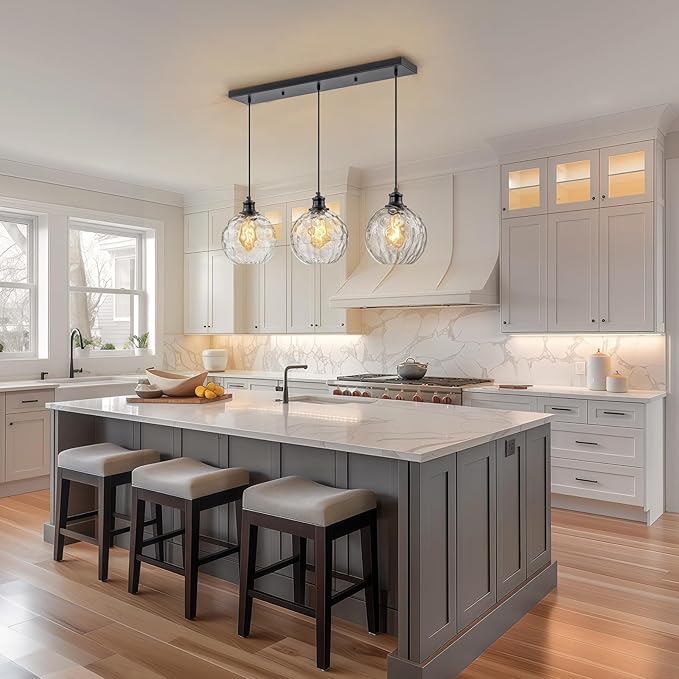 3-Light Black Island Lights for Kitchen, 31.5" Globe Pendant Light with Clear Hammered Glass Shade, Farmhouse Adjustable Hanging Light Fixtures for Dining Room Kitchen Island
