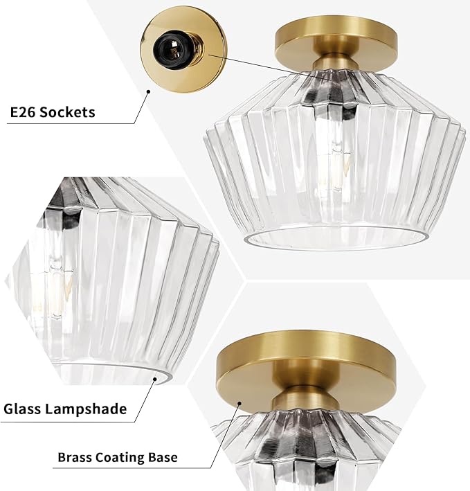 FRIDEKO HOME Semi Flush Mount Ceiling Light - Glass Hallway Lighting Fixtures Ceiling Black Ceiling Light Fixture for Hallway Bedroom Kitchen Bathroom Entryway (Bronze Gold)
