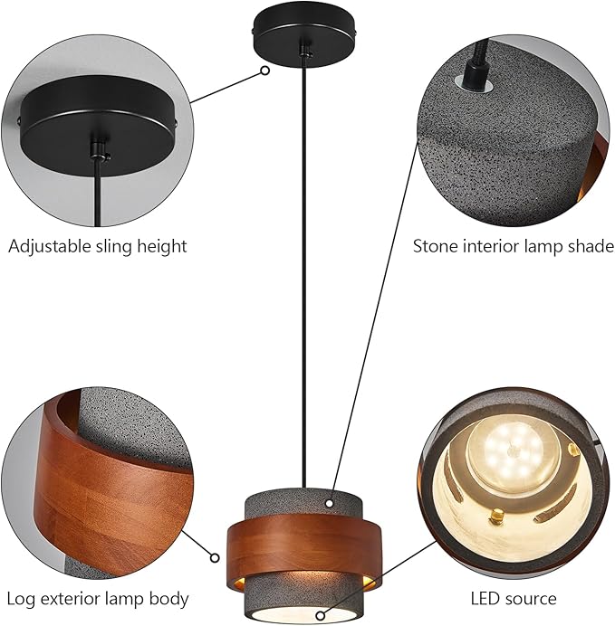 Modern Cement Pendant Light Fixture,Concrete Pendant Lights with Wood Accent,Vintage Farmhouse Chandelier for Kitchen Island Dining Room Living Room Bedroom Restaurant Cafe(Black 3-Pack)