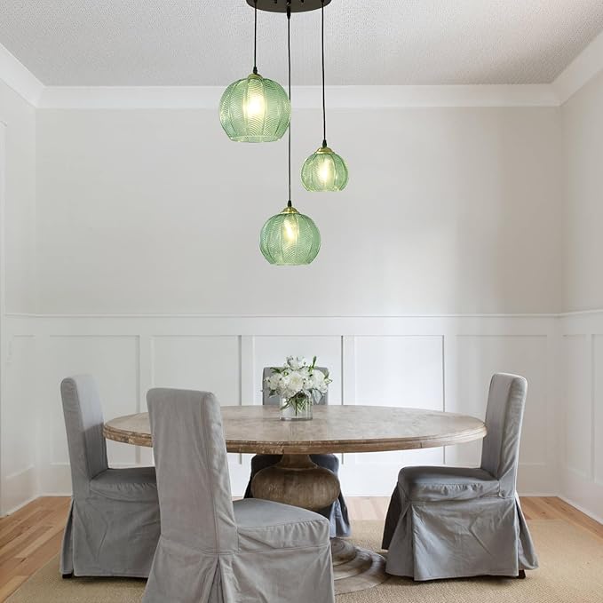3-Light Glass Globe Light for Kitchen Island, Mid-Century Modern Pendant Ball Chandelier with Green Ribbed Lampshade, Vintage Hanging Ceiling Light Fixture for Dining Room, Over Sink, Table