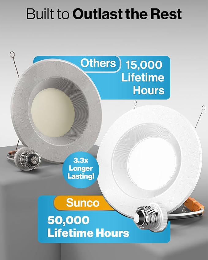 Sunco LED Recessed Lighting 6 Inch, Retrofit Can Lights, 965LM, 13W (100W Equivalent), Selectable CCT 2700K/3000K/3500K/4000K/5000K, Dimmable, Baffle Trim, Damp Rated UL 4 Pack