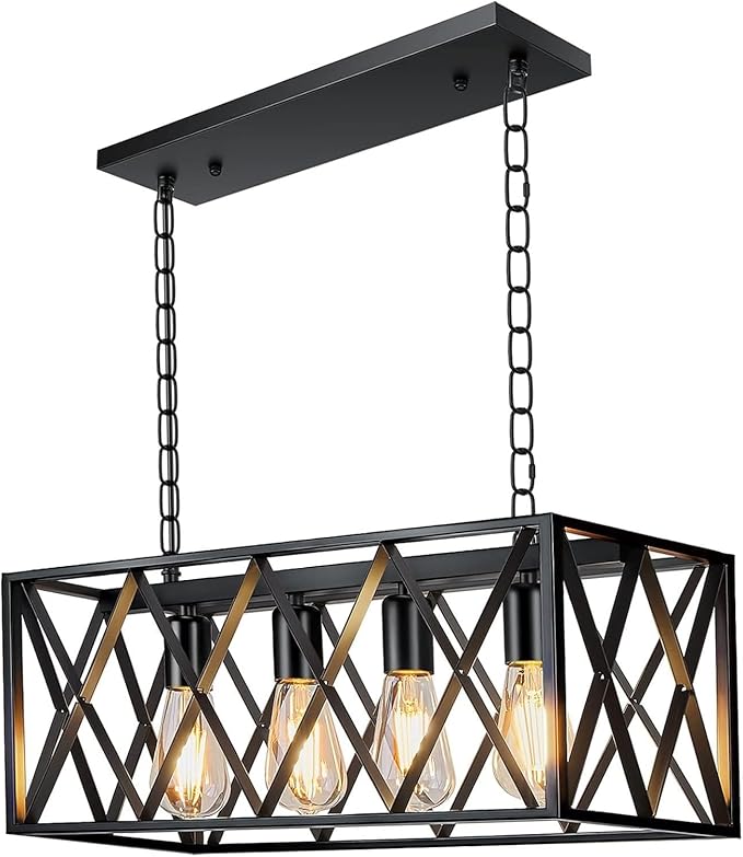 Pynsseu Industrial Kitchen Island Pendant Lighting, Rectangular Vintage Rustic 4-Light Hanging Pendant Light Fixtures for Kitchen Farmhouse, Bar, Dinning Room