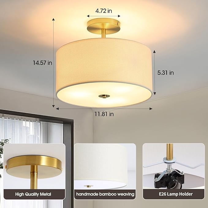 Fabric Semi Flush Mount Lighting Fixture, Modern Semi Chandeliers, Drum Farmhouse Ceiling Light, White Fabric Shade 3-Light for Kitchen Island Bedroom Hallway Foyer, E26, W12xH14