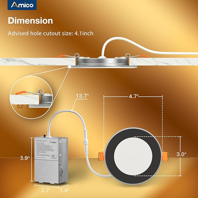 Amico 6 Pack Black 4 Inch 5CCT LED Recessed Ceiling Light with Night Light, 2700K/3000K/3500K/4000K/5000K Selectable Ultra-Thin Lighting, 10W=90W, 700LM, Dimmable Canless Wafer Downlight - ETL&FCC