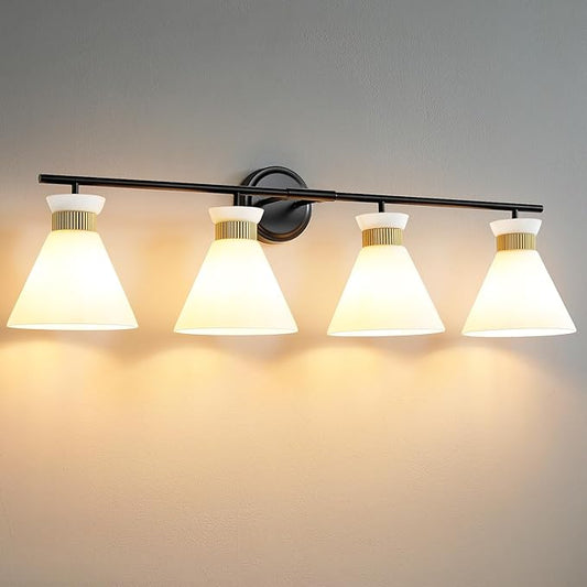 WOSHITU Bathroom Vanity Light Fixtures: 4-Light Mid Century Modern Vanity Lights for Bathroom Over Mirror, Black and Gold Wall Sconce Lighting with Frosted Milky Glass for Bath Bedroom