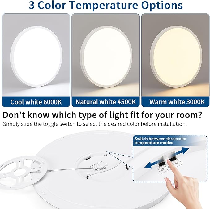 2 Packs 16'' Led Ceiling Light Fixture, 0.67 Inch Ultra Thin Flush Mount, Dimmable & 3000K/4500K/6000K Selectable, 28W 2800LM, White, for Bedroom, Kitchen, Dining Room, Home Office, Hallway