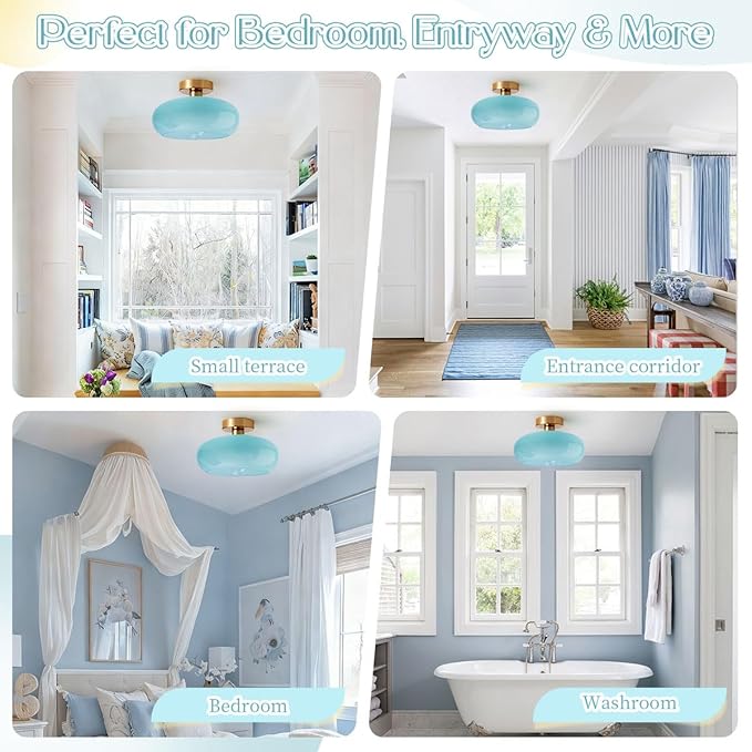 Lighting Nordic Glass Flush Mount Ceiling Light Mid Century Round Semi Flush Mount Ceiling Light Fixtures wtih Blue Dome Glass Shade Bathroom Overhead Lights Hallway Lights Fixture
