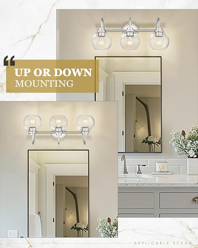 Bathroom Light Fixtures, 3-Light Brushed Nickel Vanity Lights Over Mirror with Globe Clear Glass, Modern Vanity Lighting Fixtures, AD-22280-3W-SN