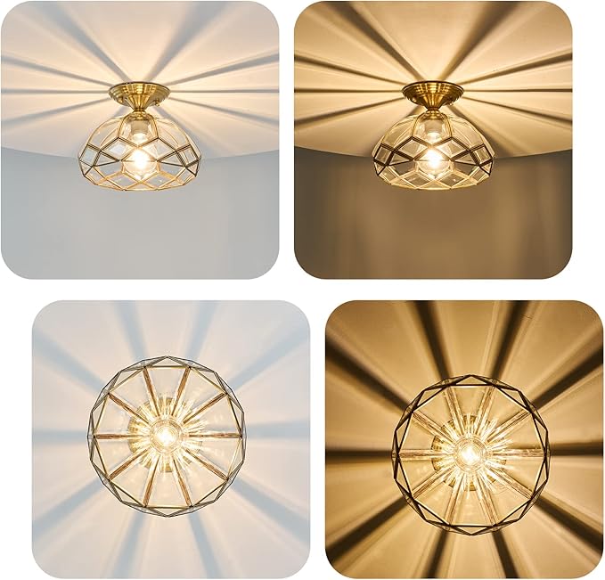 Brass Glass Semi Flush Mount Ceiling Light 1-Light Hallway Ceiling Light Vintage Gold Close to Ceiling Light Fixture for Foyer,Entryway,Kitchen,Bathroom,11.42in