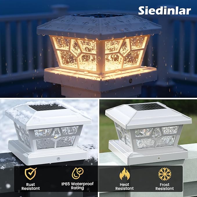 SIEDiNLAR Solar Post Lights Outdoor 10 Pack 4 Modes 40 LEDs Deck Fence Post Cap Light for 4x4 5x5 6x6 Vinyl/Wooden Posts Patio Decor, Warm/White Dynamic Lighting (White)