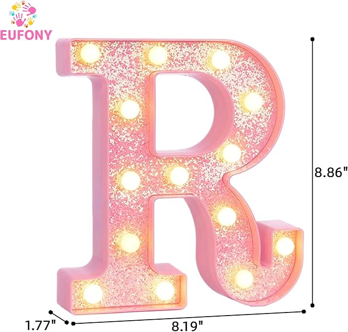 Pink Marquee Light Up Letters, Glitter Alphabet LED Letter Lights for Pink Birthday Party Decorations, Battery Operated Letter Sign for Girls Room Vanity Table Decor, Warm White Lights Letter R
