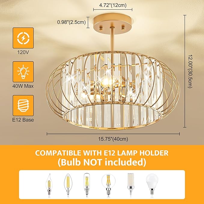 Semi Flush Mount Crystal Ceiling Light, 16 Inch 3-Light Chrome Hallway Ceiling Lamps, Farmhouse Ceiling Light Fixture, Industrial Crystal Chandelier for Corridor Bathroom(E12 Base, 16 Inch)