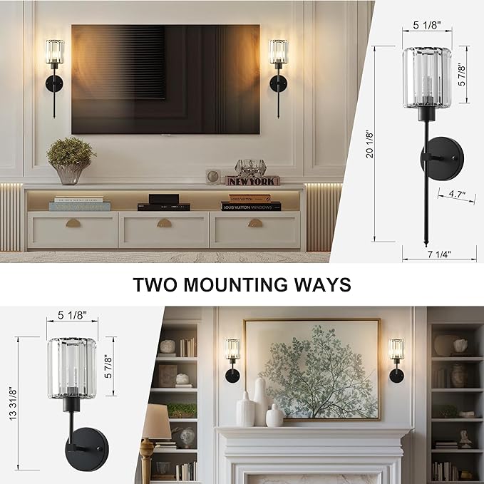 KARTOOSH Hardwired Crystal Wall Sconces Set of Two - Dimmable Wall Light Fixtures 3000K, Warm White, for Hallway, Bathroom, Living Room, Bedroom, Black, 20.1 Inch