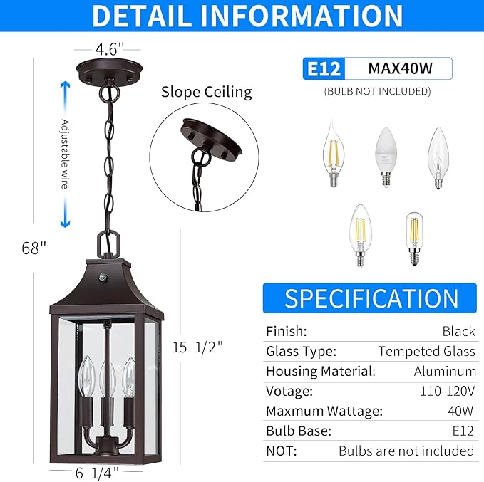 15.5'' Large Outdoor Pendant Light Fixtures 3-Light, Dusk to Dawn Exterior Hanging Lantern Porch Light Adjustable, Brown Hanging Lamp Farmhouse Exterior Chandelier Ceiling Mount for Entrance Patio