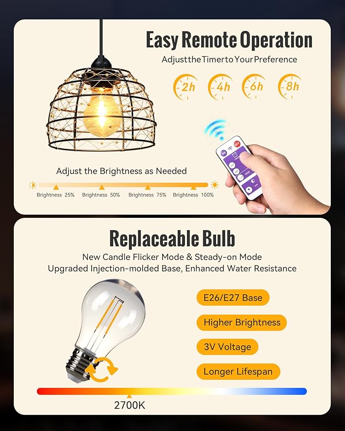 Battery Operated Hanging Outdoor Chandelier, 4/6/8 H Timer, Dimmable Bohemian Hanging Shed Gazebo Lights Outdoor Waterproof for Patio, Porch, Gazebo, Pergola, Kitchen Decor Lighting