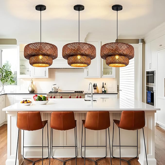 Dark Curry Bamboo Pendant Light,Boho Rattan Hanging Light,13.78" Hand Woven Wicker Chandelier for Kitchen Island for Kitchen Island Dining Bedroom Living Room Restaurants