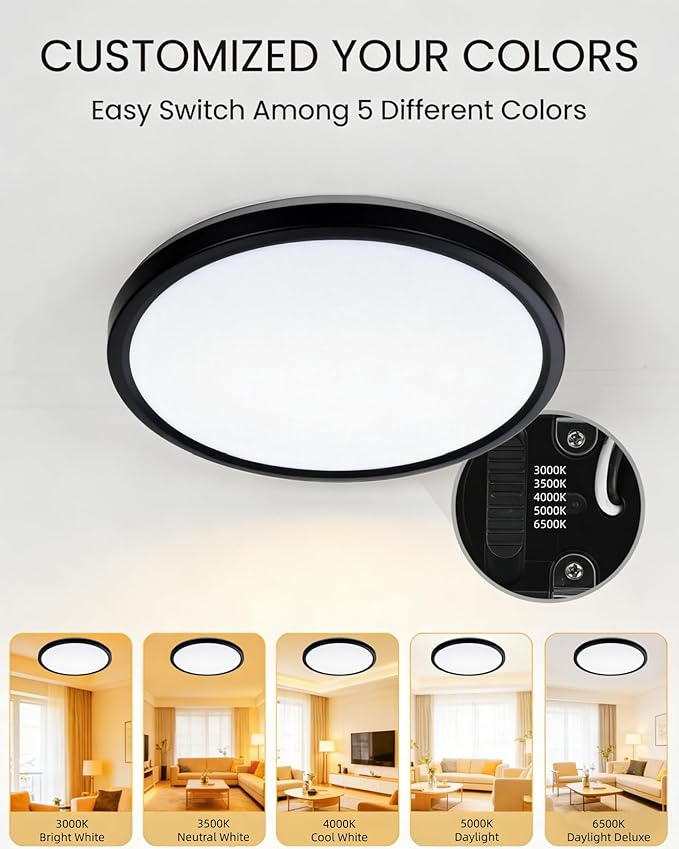 LEDYOND 11 Inch Black Flush Mount Ceiling Lights 2 Pack, 0.52in Ultra Thin LED Flat Panel Light, 1100LM Dimmable, 5CCT 3000K-6500K Selectable, Snap-In Easy Installation Closet Hallway Lights, IP44 ETL