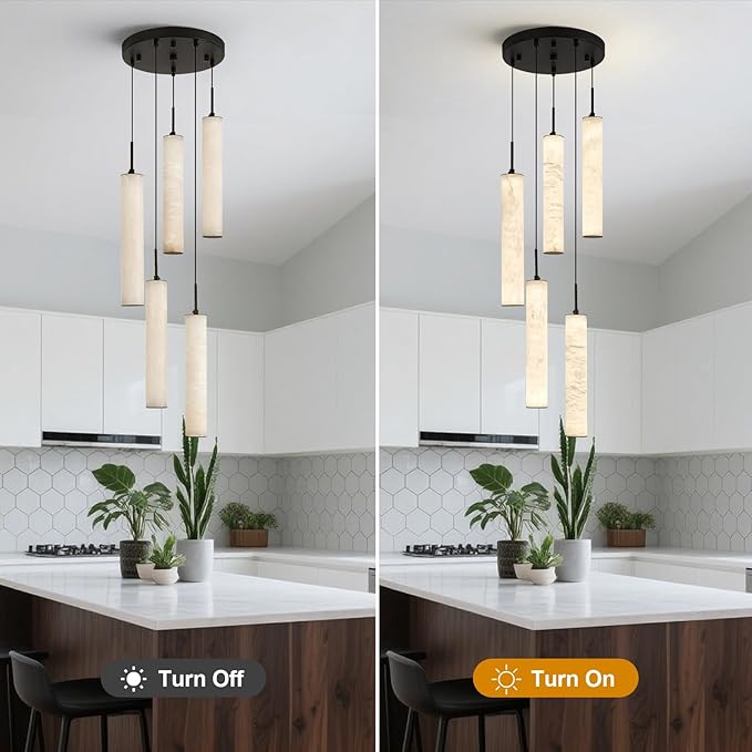 LMQNINE Natural Alabaster Pendant Lights for Kitchen Island White Marble Long Tube Chandelier 4000K Modern Black Ceiling Light Fixtures for Bedroom Dining Room Table Living Room Hallway(M-5Light)