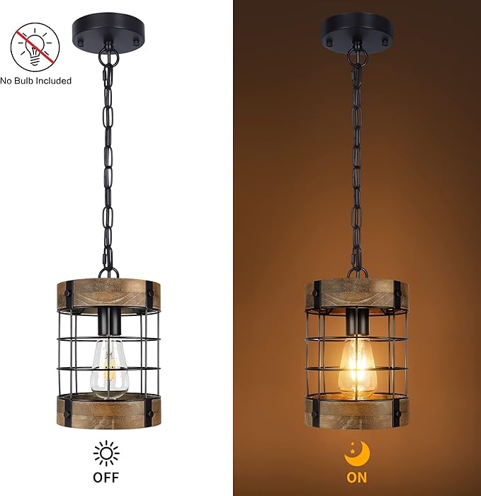 Rustic Pendant Light Fixtures, Farmhouse Kitchen Wood Hanging Lighting, Industrial Round Cage Chandelier for Entryway Hallway Dining Room Bedroom Foyer
