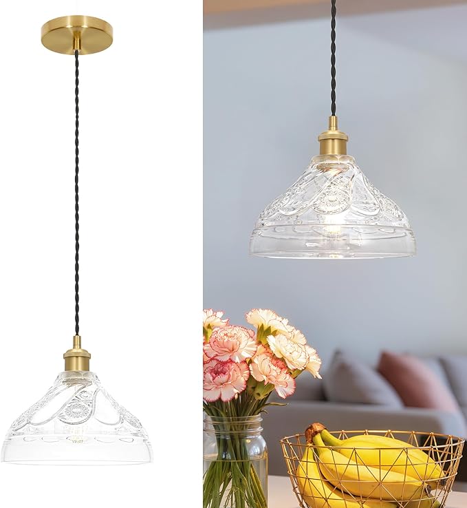 Vintage Pendant Lights for Kitchen with Clear Embossed Glass Shade, Brushed Gold Pendant Lights Kitchen Island, Adjustable Light Pendant Hanging Light for Entrance Bedroom Hallway,E26 Socket