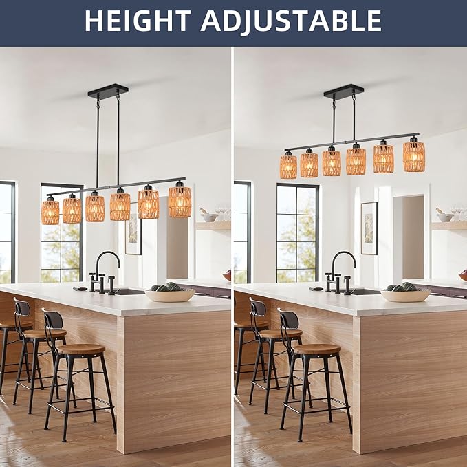 Rattan Pendant Lights for Kitchen Island,6-Light Boho Coastal Chandelier,Bohemian Rustic Pendant Light Fixture for Dining Room,Height Adjustable,Matte Black Farmhouse Woven Hanging Lights Over Table