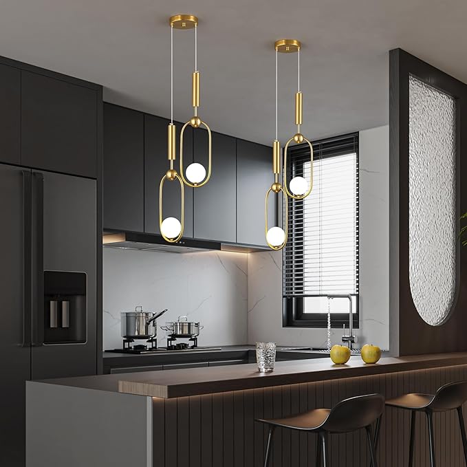 Modern Oblong Glass Pendant Light fixtures 2-Light, Simplicity Gold Pendant Lighting, Mid Century Chandelier for Kitchen Island Dining Room Bedroom Entryway Hallway(1-Pack)