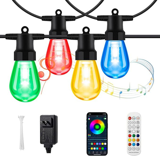BBG Outdoor String Lights 50FT RGBW - 2700K Patio Lights Outdoor Waterproof, 24V Low Voltage, 20 Shatterproof Bulbs, Dimmable, APP & Remote Control, Linkable, Music Sync, Timer for Backyard