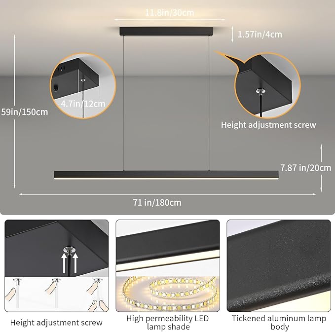 LED Island Lights, 71" LED Linear Pendant Light Fixtures,3300k-6500K Dimmable Pool Table Light with Remote, Modern Pendant Lights for Kitchen Dining Room Living Room Office Bar Billiard Table Light