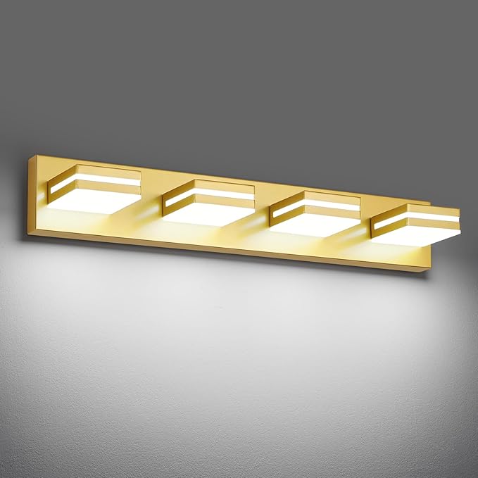 Modern LED Bathroom Lights Fixtures 4-Light,Metal Gold Acrylic Wall Lighting,Vanity Lights for Bathroom Over Mirror 6000k 27in