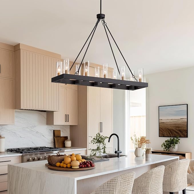 35.4" Farmhouse Rectangle Chandelier for Dining Room, 10-Light Black Hanging Fixture with 59" Adjustable Wires, Rustic Kitchen Island Ceiling Light